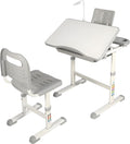 Kids Desk and Chair Set,Height Adjustable Childrens Homeschool Study Table with Storage Drawer, LED Light,Cup Holder,Bookstand, for 3-15 Years Boy and Girl, Grey