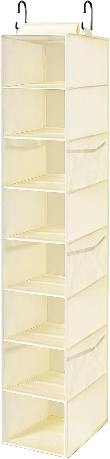Hanging Shoe Organizer for Closet with 8 Shelves,Mesh Pockets-Wider Hanging Shelves for Shoes,Clothes,Hats with Sturdy Bamboo-Supported Design (Beige)