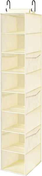 Hanging Shoe Organizer for Closet with 8 Shelves,Mesh Pockets-Wider Hanging Shelves for Shoes,Clothes,Hats with Sturdy Bamboo-Supported Design (Beige)