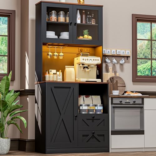 71‘’Kitchen Pantry Storage Cabinet with LED Lights and Power Outlet, Tall Far...