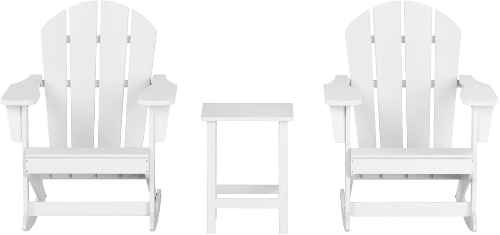 HDPE Laguna Outdoor Rocking Poly Adirondack Chair with Side Table 3-Piece Set, White
