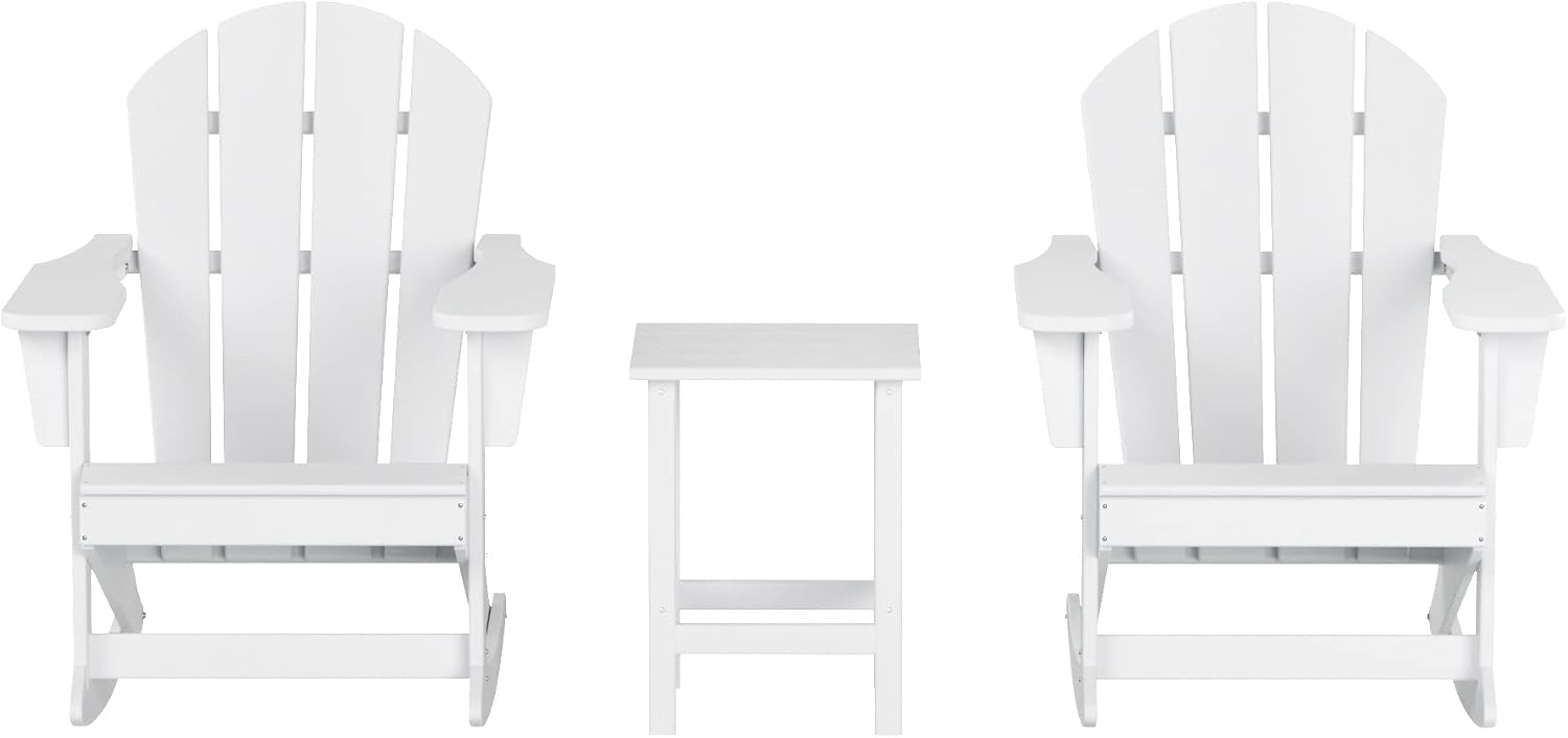 HDPE Laguna Outdoor Rocking Poly Adirondack Chair with Side Table 3-Piece Set, White