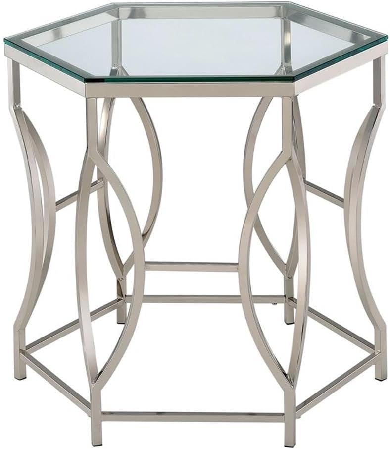 BOWERY HILL Contemporary Metal End Table, Chrome Finish, Hexagon 8mm Tempered...