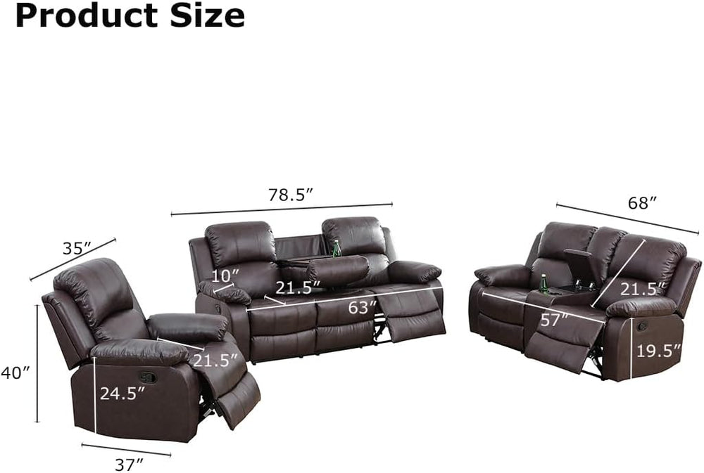 Manual Reclining Couch Sofa Set with Drop-Down Table, 3 Pieces Brown Leather ...