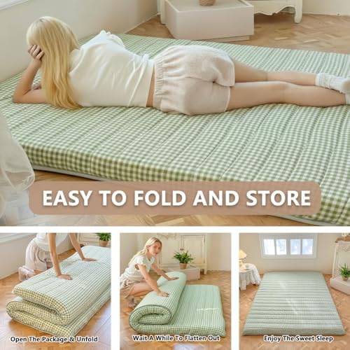 Green Gingham Japanese Floor Mattress, Twin Size 39" x 80", 3.5" Thick | High Density Foam Futon Mattress, Foldable Tatami Sleeping Pad, Farmhouse Style Roll Up Floor Bed for Dorm Guest Room