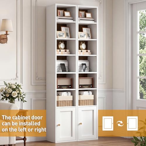 RALGEND 7-Tier Tall Narrow Bookshelf with Door, 70.9 Inches CD DVD Slim Media...