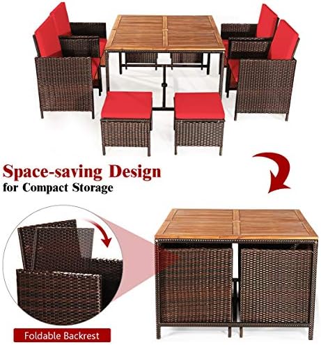 Tangkula 9 Pieces Acacia Wood Patio Dining Set, Space Saving Wicker Chairs an...