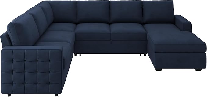 HONBAY Sleeper Sectional Couch with Pull-Out Bed Sectional Sleeper Sofa Pull Out Bed with Storage Chaise, 6 Seaters Couch for Living Room, Velvet Blue