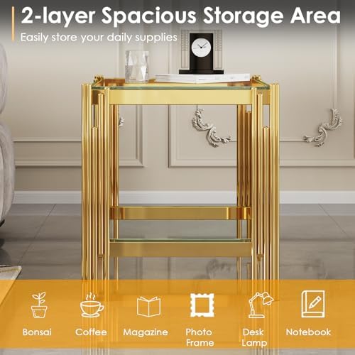 Small Side Table, Square End Table with Tempered Glass & Irregular Gold S...