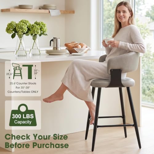26" Counter Height Bar Chairs Set of 2, Padded Island Chairs, Gray