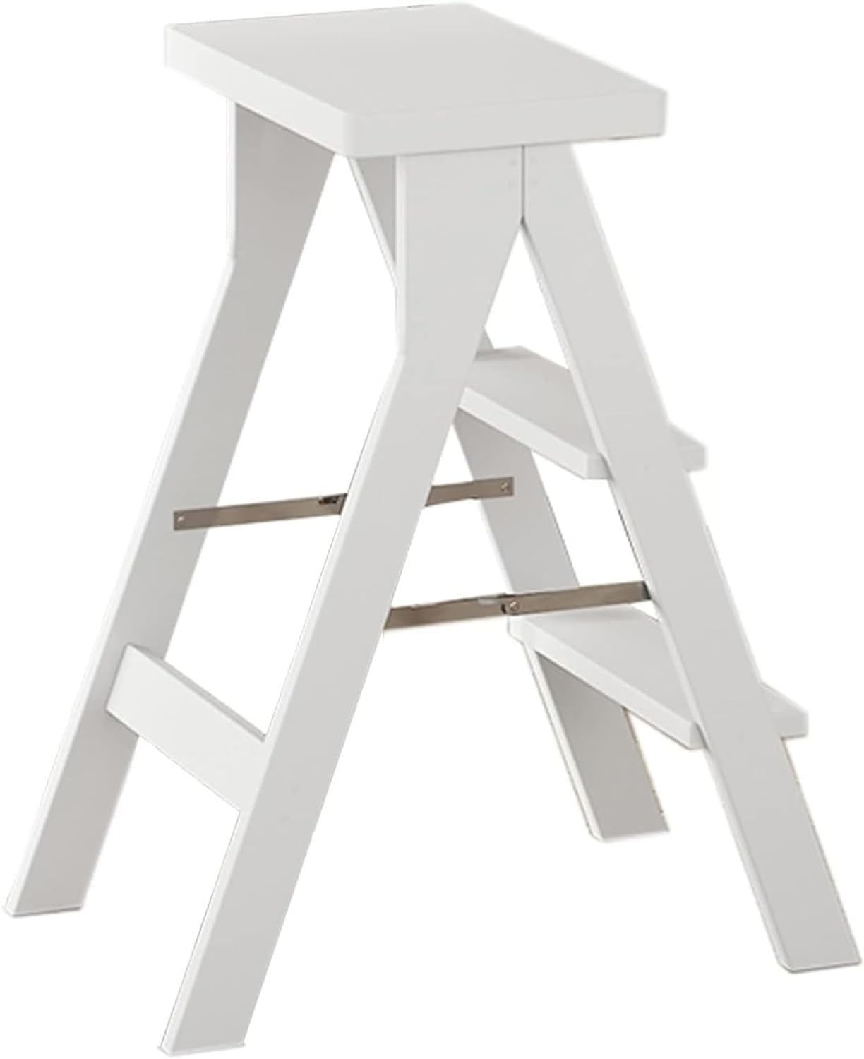 Portable Wooden Folding Library Ladder Chair Stool with Flower Shelf for Adults Lightweight Walnut Finish(White,Without pad)