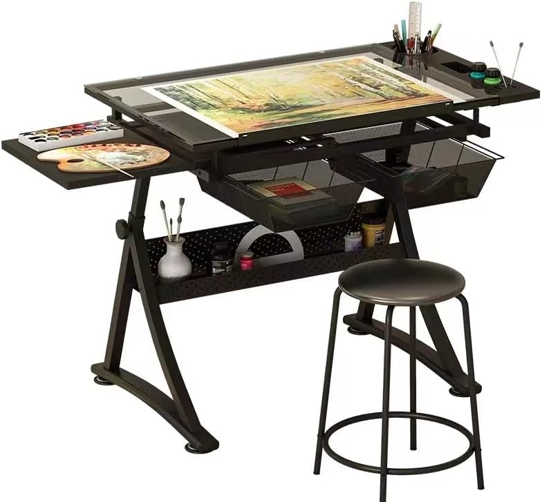 Glass Drafting Table Art Desk – Adjustable Professhional Artwork Drawing Draf...