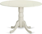 East West Furniture DLBA3-WHI-01 3 Piece Modern Dining Table Set Contains a Round Wooden Table with Dropleaf and 2 Cream Linen Fabric Upholstered Parson Chairs, 42x42 Inch, Linen White