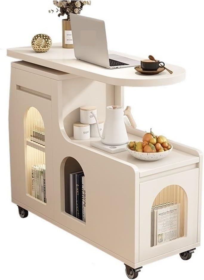 Swivel Trays Side Table with Storage, Mobile End Table on Lockable Wheels, Sp...