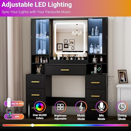 BORNOON Vanity Desk with Mirror and Lights, Makeup Vanity with 7 Drawers, 2 G...