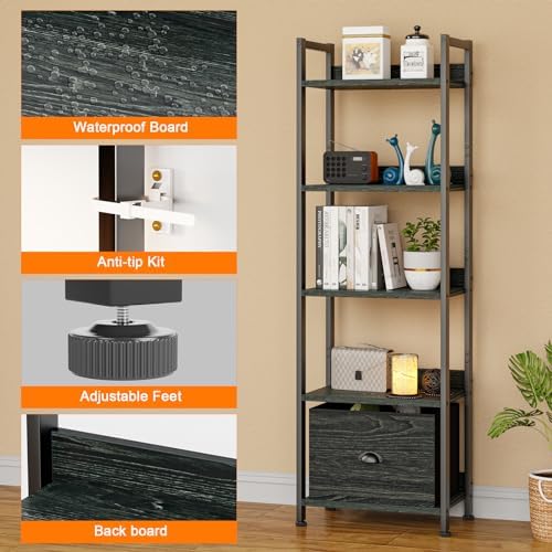 Furologee 5 Tier Bookshelf with Drawer, Tall Narrow Bookcase, Black Oak