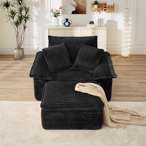 Oversized Chaise Lounge Chair Indoor with Ottoman, Upholstered Corduroy Moder...