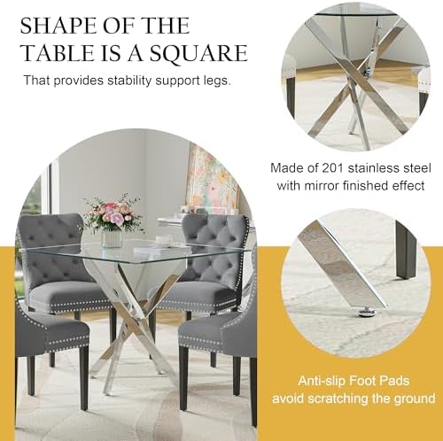 Glass Dining Table Set for 4 with 36" Square Tempered Glass Kitchen Tabl...