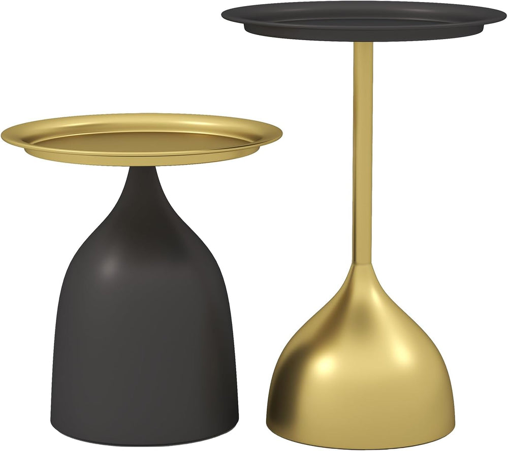 Benkyo Black and Gold Nesting Tables Pedestal Coffee Table Set of 2 Round Sid...