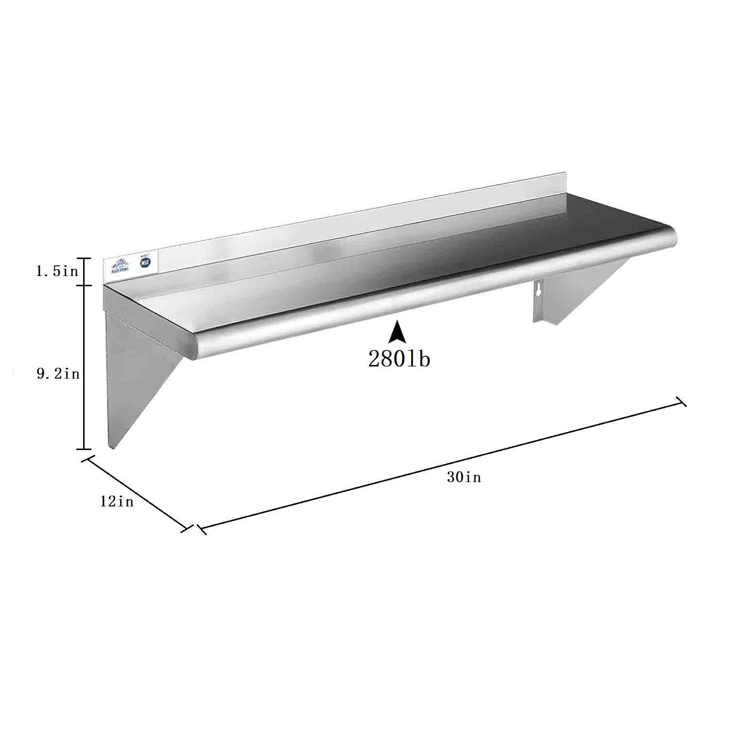ROCKPOINT Stainless Steel Shelf 12 x 30 Inches 280lb, 2 Pack NSF Metal Commercial Shelves Wall Mount Floating Shelving with Backsplash for Restaurant, Kitchen, Home and Hotel, Silver