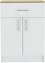 Contemporary Kitchen Island + Pantry Cabinet Combo, Kitchen Storage, White and Light Oak Freestanding Set, Cupboard, with Prep Space and Ample Storage