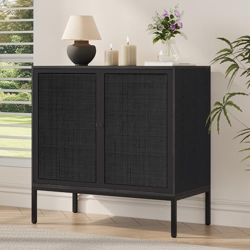 Yechen 63“ W Black Rattan Cabinet, Farmhouse Sideboard Cabinet with Natural R...