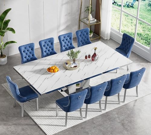 94.5" Faux Marble Dining Table Set for 10, Modern White Extendable Kitch...