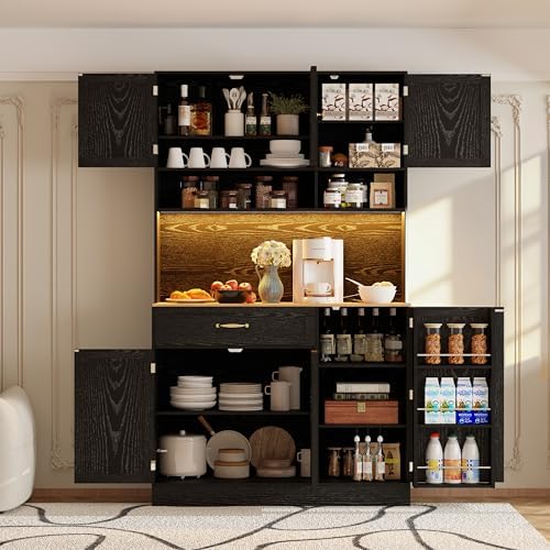 FJTJBSI 72" Kitchen Pantry Cabinet with LED Light and Charging Station T...