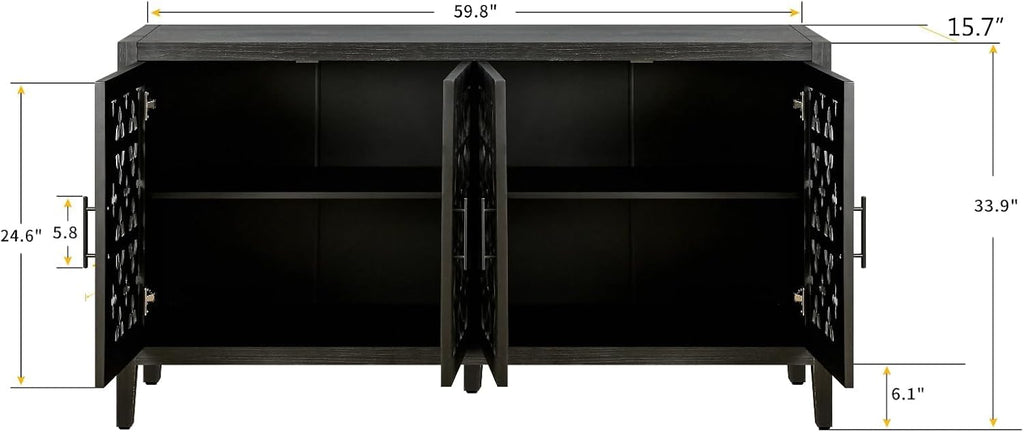 Buffet Sideboard Credenzas for Living Room, 60" Entryway Table with Storage Accent Cabinet, Hollow Carved Doors, Antique Black