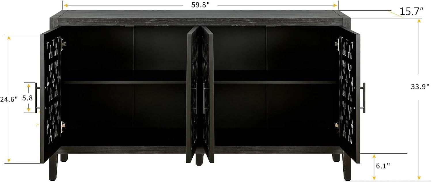 Buffet Sideboard Credenzas for Living Room, 60" Entryway Table with Storage Accent Cabinet, Hollow Carved Doors, Antique Black