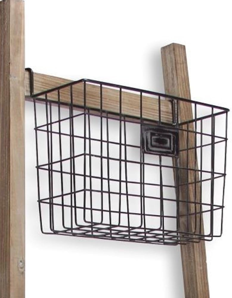 HomeRoots 73" Natural And Black Wood And Metal Storage Ladder With Baskets