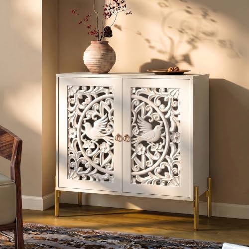 DHZ Accent Cabinet with Doors, Hollow-Carved Pattern Buffet Cabinet with Stor...