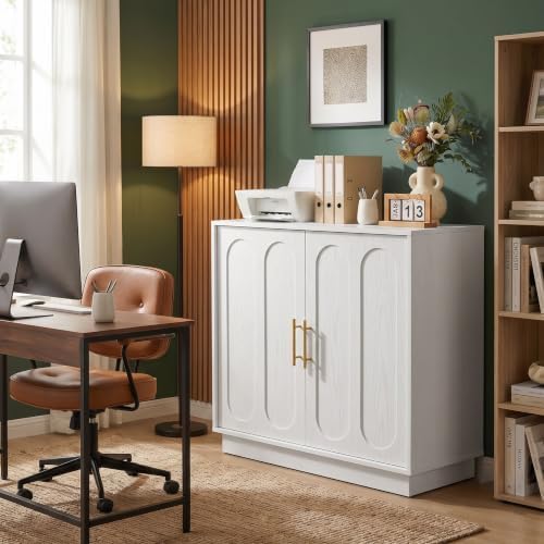 holzart 31.5" Modern Farmhouse Storage Cabinet, White 2 Door Sideboard B...