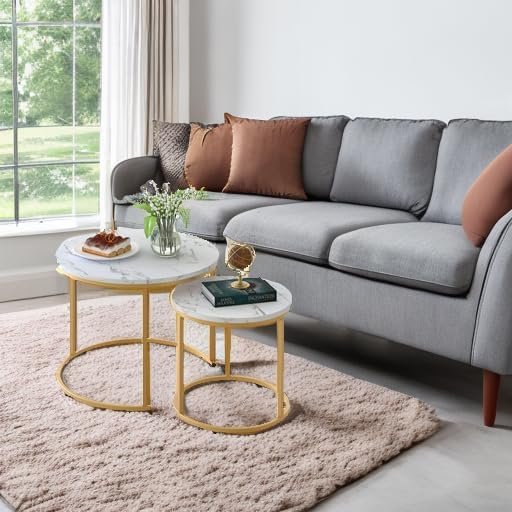 aboxoo Coffee Table Nesting White Set of 2 Side Set Golden Frame Circular Rou...