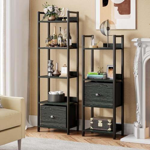 Furologee 5 Tier Bookshelf with Drawer, Tall Narrow Bookcase, Black Oak