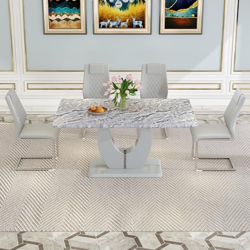 JUFU 5-Piece Dining Table Set for 4, 63-Inch Faux Marble with PU Chairs