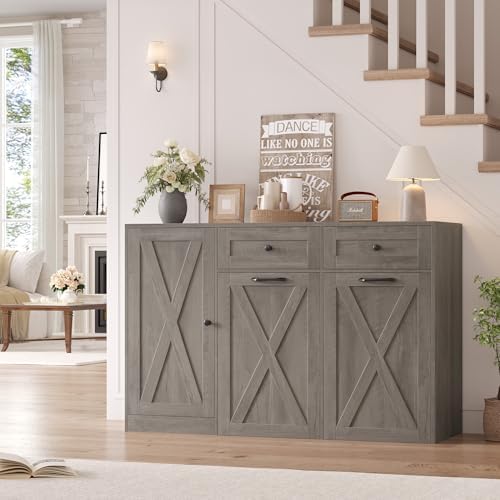 HOSTACK 12.5 Gallon Trash Can Cabinet, 47" W Dual Garbage Can Cabinet, Grey