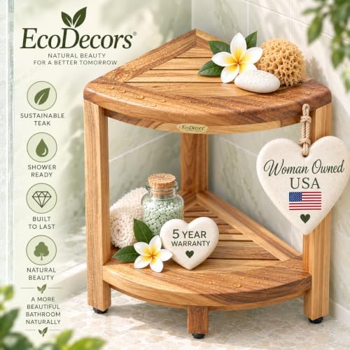 EcoDecors Corner Shower Stool with Shelf, Solid Teak Shower Bench