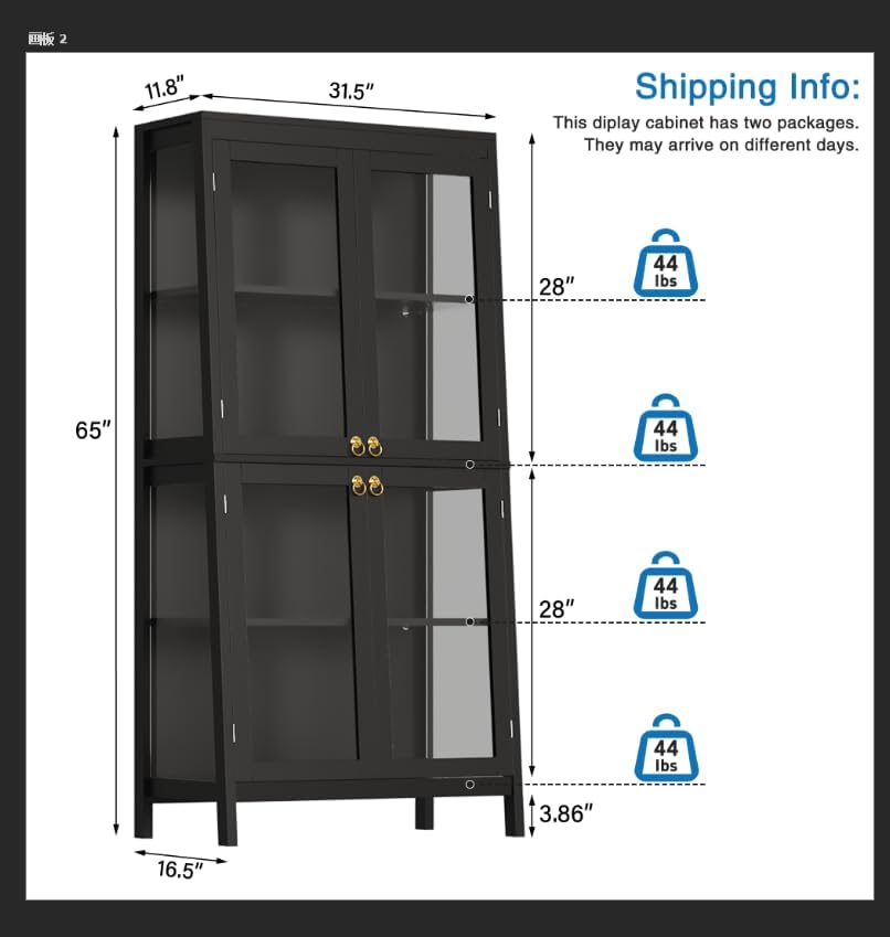 Saudism Display Cabinet with Glass Doors, 4-Tier Curio Cabinet with LED Lights, 60,000 Color Lights for Collectibles, Glass Display Case with App Control, Bookcase, Storage Cabinet, Black