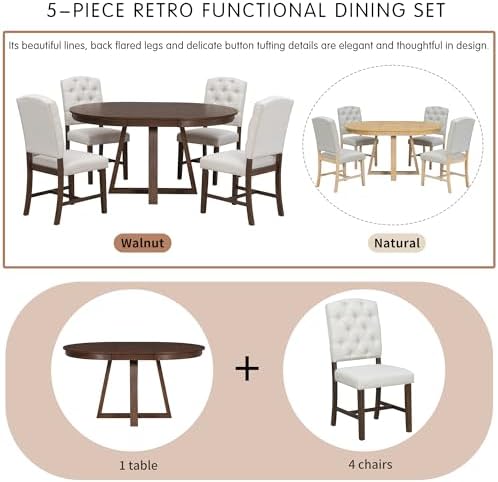 LUMISOL Extendable Round Dining Table Set for 4-6, 5-Piece Farmhouse Kitchen ...