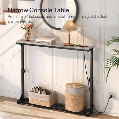 HOOBRO Narrow Console Table with Charging Station, Adjustable Height Sofa Tab...