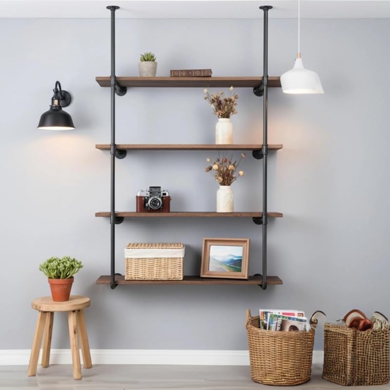 Industrial Pipe Shelving System with 4 Tiers, Black Iron Wall Mount, Floor to Ceiling Storage Rack, Rustic Farmhouse Style, DIY Bracket Supports (No Planks)