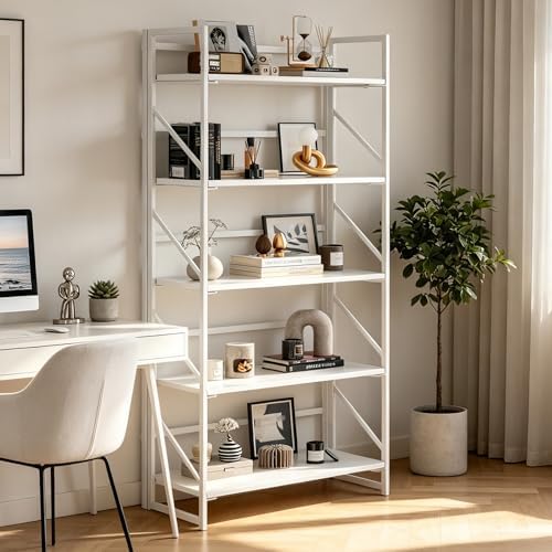 JSB No Assembly Folding Bookshelf, 5 Tier Industrial Metal Book Shelf for Sto...