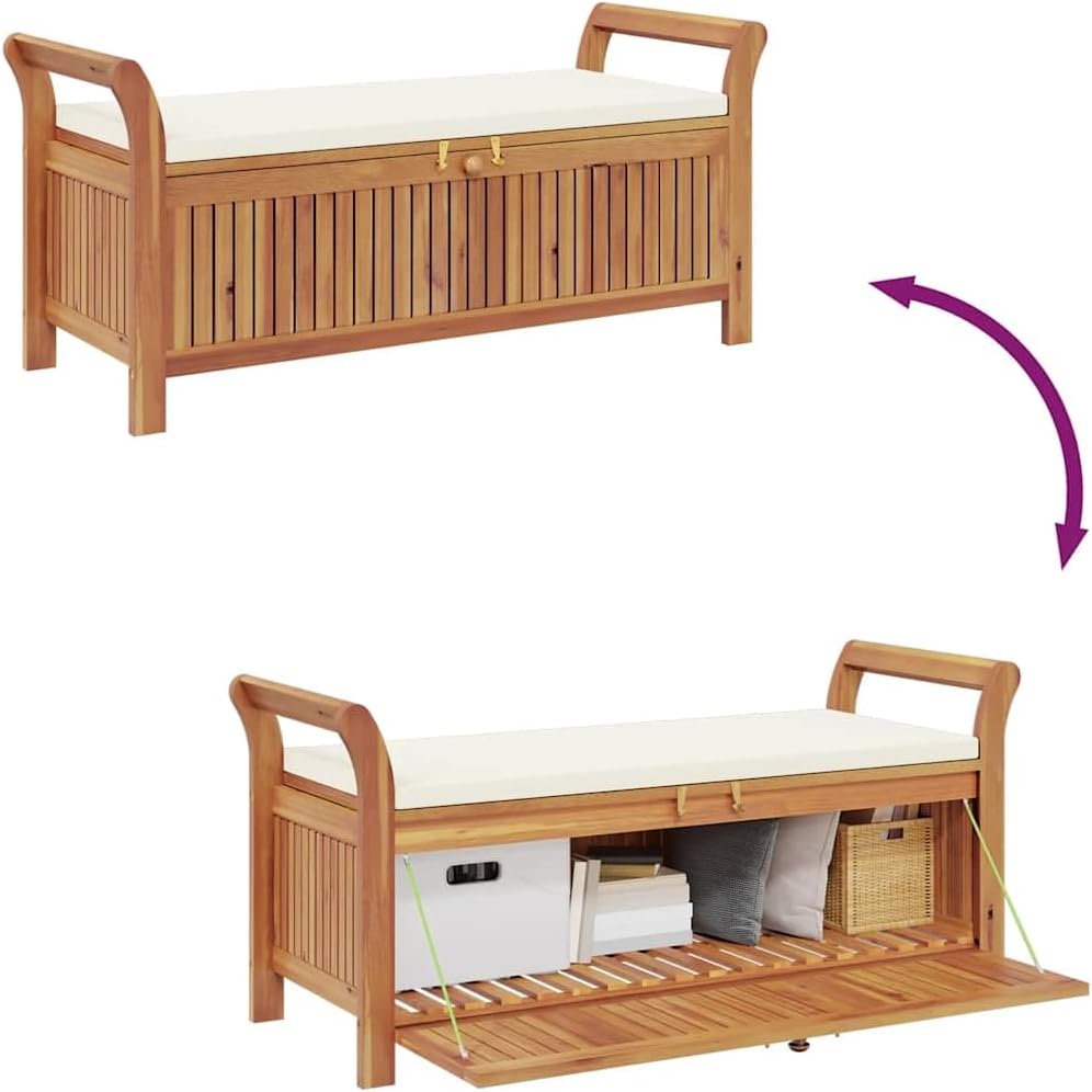 Solid Acacia Wood Patio Storage Bench 49.6 Inch | With Cushion, Curved Arms, ...
