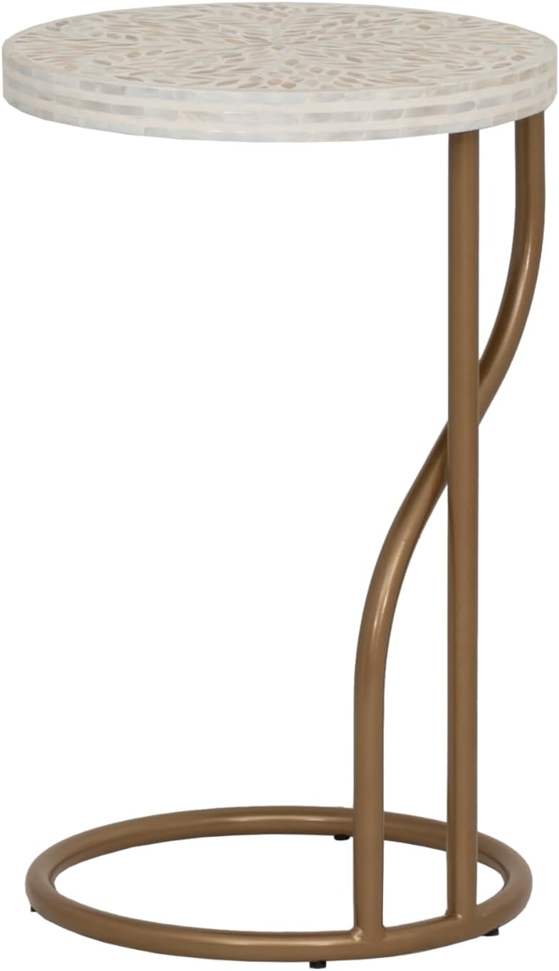 Linon Dabelle Cream Capiz Round Side Table with Gold Metal Base