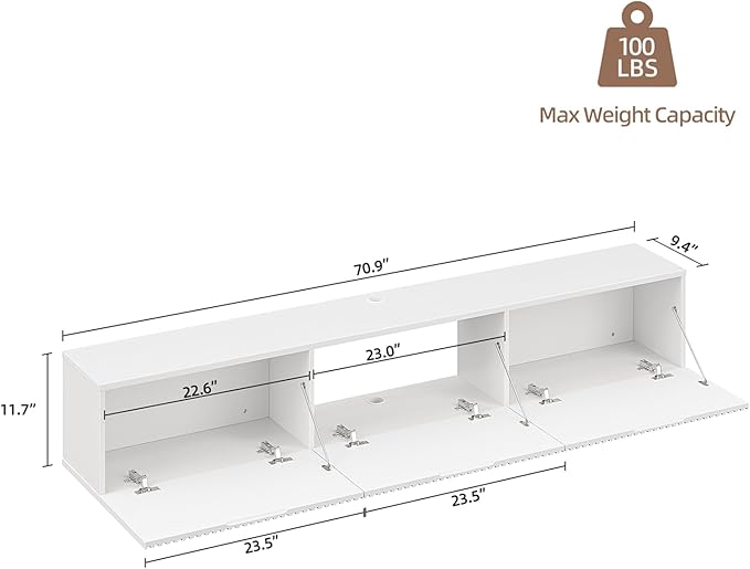Floating TV Stand with 3 Doors, 70IN Wall Mounted TV Cabinet, Floating Media Console Entertainment Center with Storage, Under TV Shelf for Bedroom Living Room,White