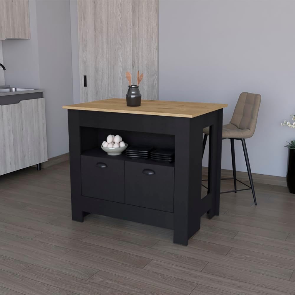 Kitchen Island Geneva, Black/Macadamia with Spacious Top Surface | 40.5"...