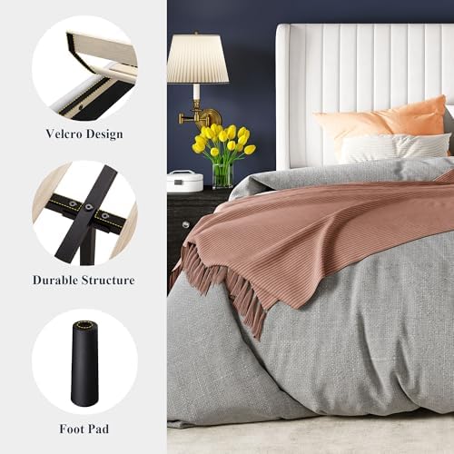 Allewie Queen Size Velvet Bed Frame/Vertical Channel Tufted Wingback Headboar...