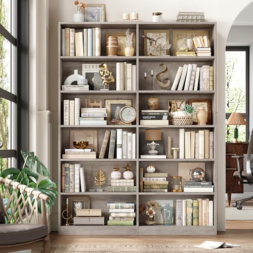 FACBOTALL Bookshelf Tall Bookcase, 6-Tier Double Wide Bookshelves,Wash Grey