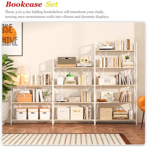 UDD No Assembly Wide Folding Bookshelf, 34" H x 30.9" W, 3 Tier Fol...